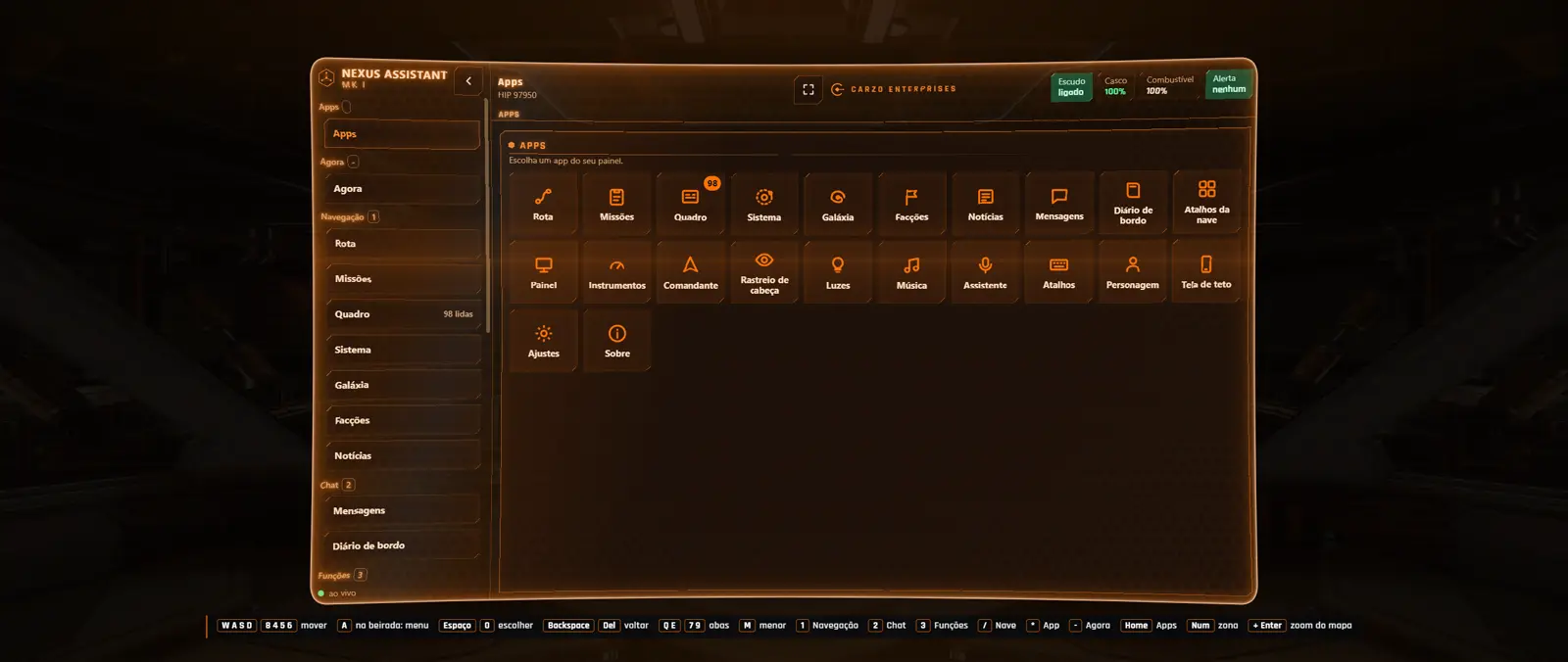 Painel do Nexus aberto por cima do cockpit, com a curva do capacete
