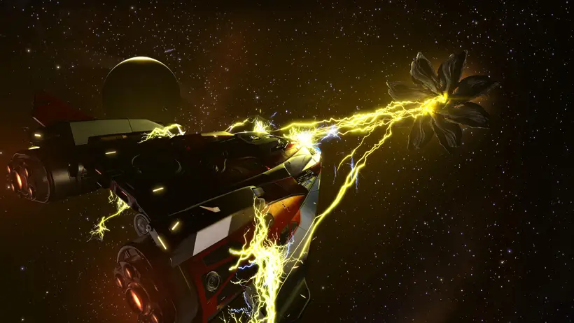 Nave atingida por descarga de energia de um Thargoid