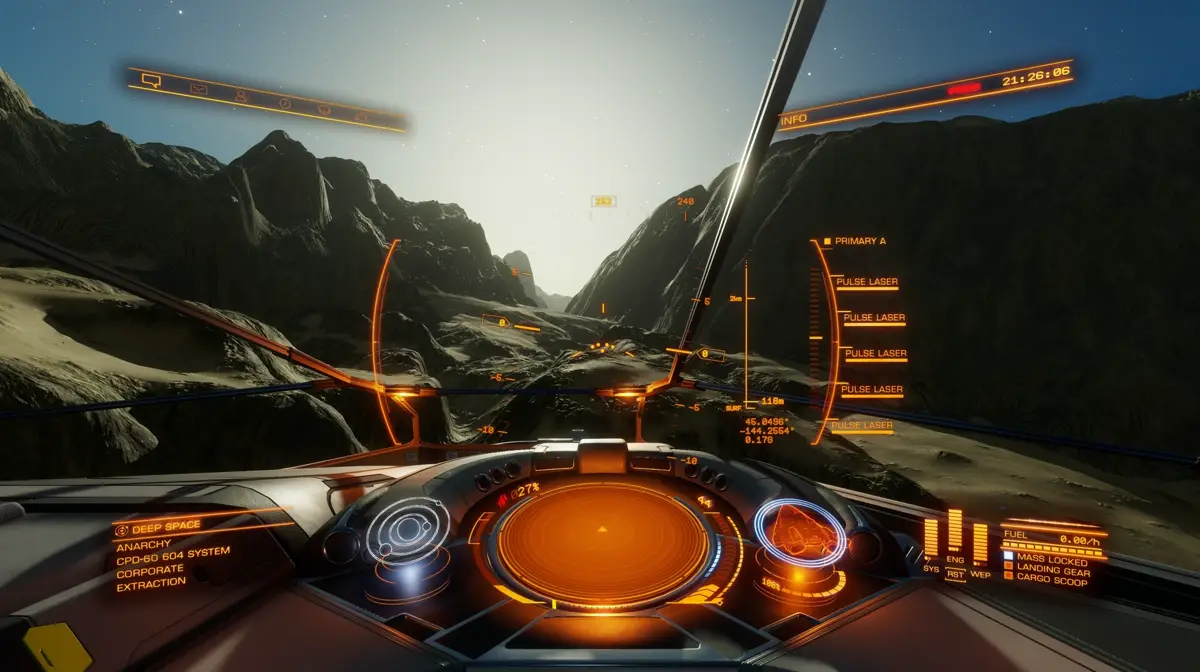 Cockpit em voo sobre um planeta, com o HUD laranja do jogo